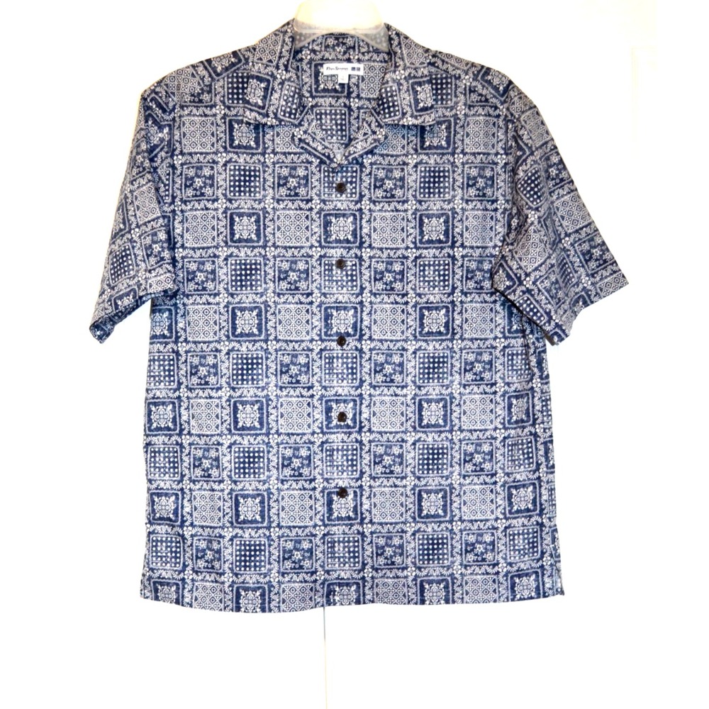 REYN SPOONER Hawaiian Shirt‎ Men's L Button Down Blue & White Block Floral